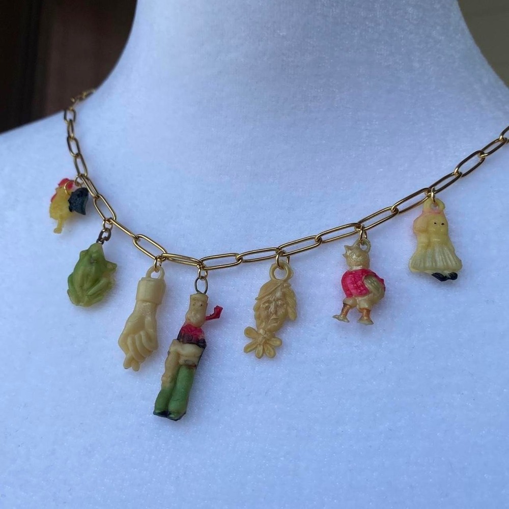 handmade rare vintage cracker jack charm necklace 18k gold plated s steel